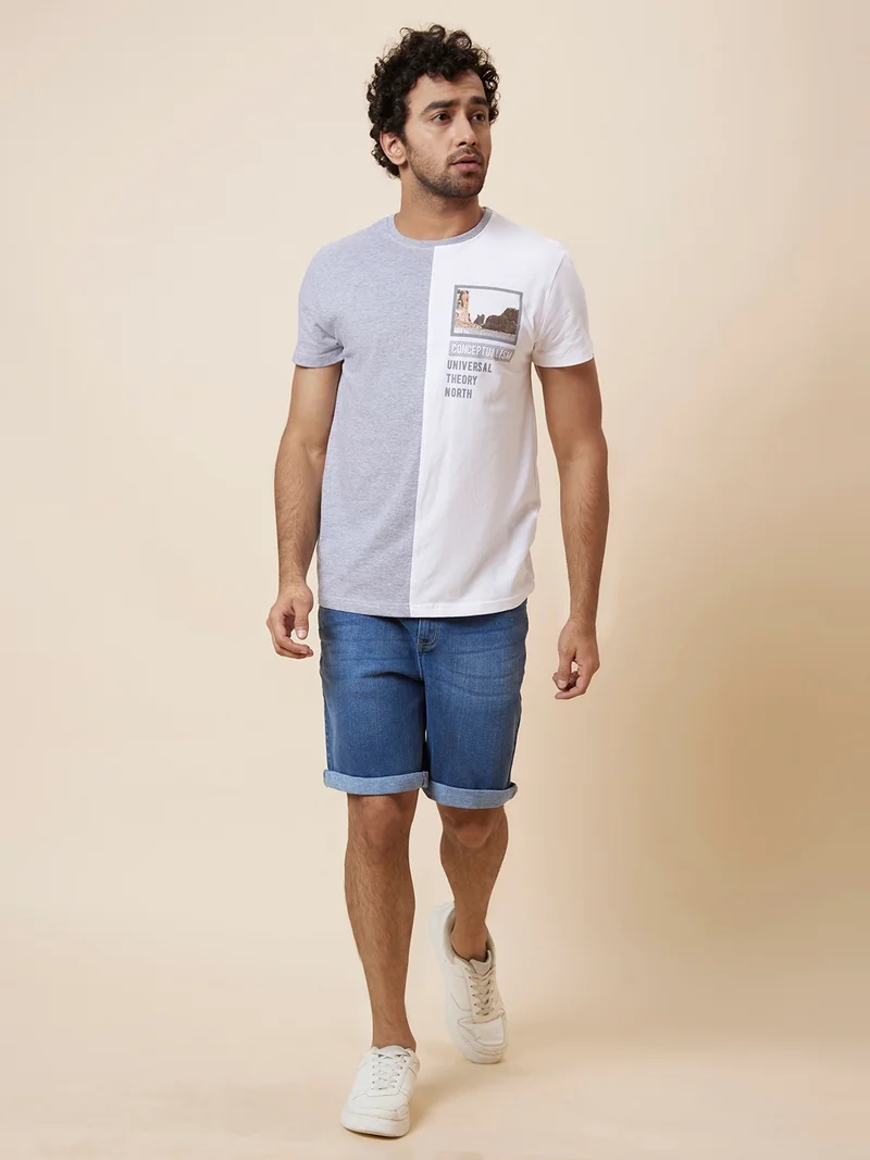 globus Globus Men Grey Melange Printed Cotton T-Shirt